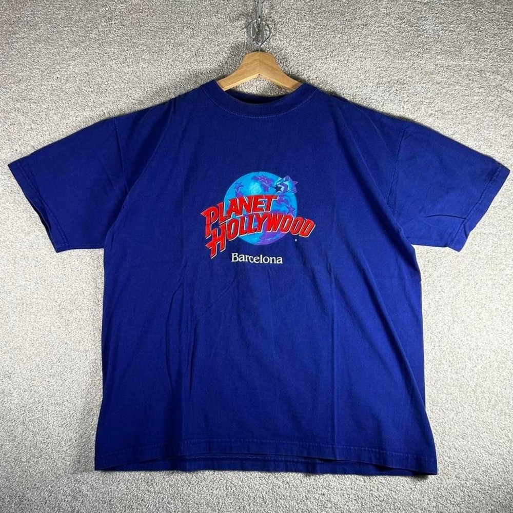 Vintage 90s planet Hollywood Barcelona blue graphic tee shirt tshirt Size L